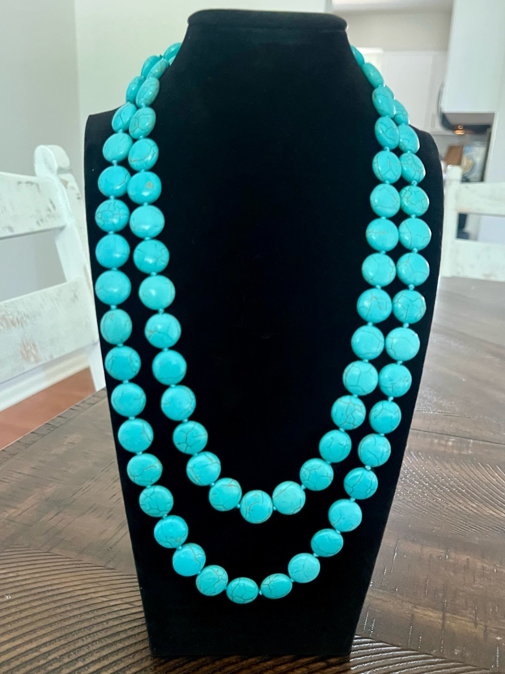 Vintage Bohemian Long necklace 45” turquoise colored beads shaped like flat coin